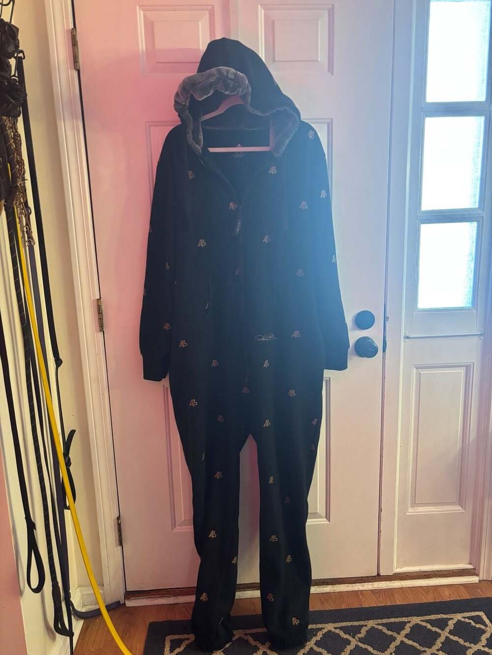 Uni  Comfort Black Fuzzy Hooded Onesie Pajamas with Gold AB Monogram Print